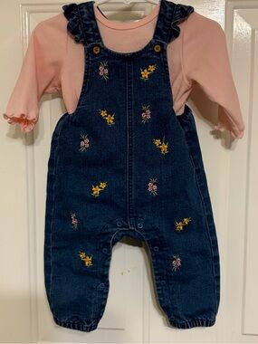 Little Me Baby Girl's Denim w/Embroidered Flowers Overalls w/Pink Tee Size 9 M